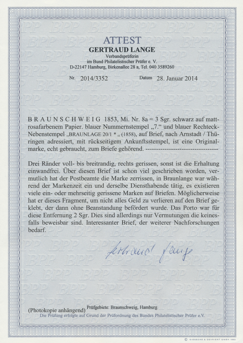 Br Braunschweig - Marken und Briefe: 1853. 3 Sgr. schwarz auf mattrosa, Mi.-Nr. 8a als Zweidrittelung a