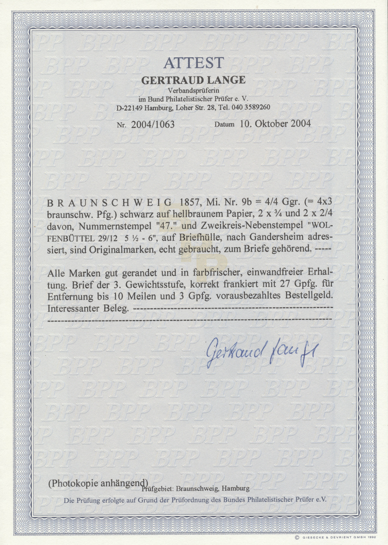 Br Braunschweig - Marken Und Briefe: 1857: 10/4 Ggr. Schwarz/gelbbraun, Dargestellt Mit 2 Mal 3/4 U. 2 - Braunschweig