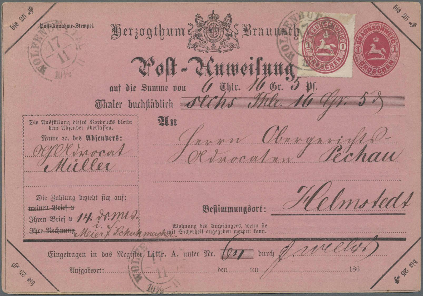 GA Braunschweig - Ganzsachen: 1865, Postanweisung 1 Groschen Mit Ovalausgabe 1 Gr. Rot (rechts Unsichtb - Brunswick