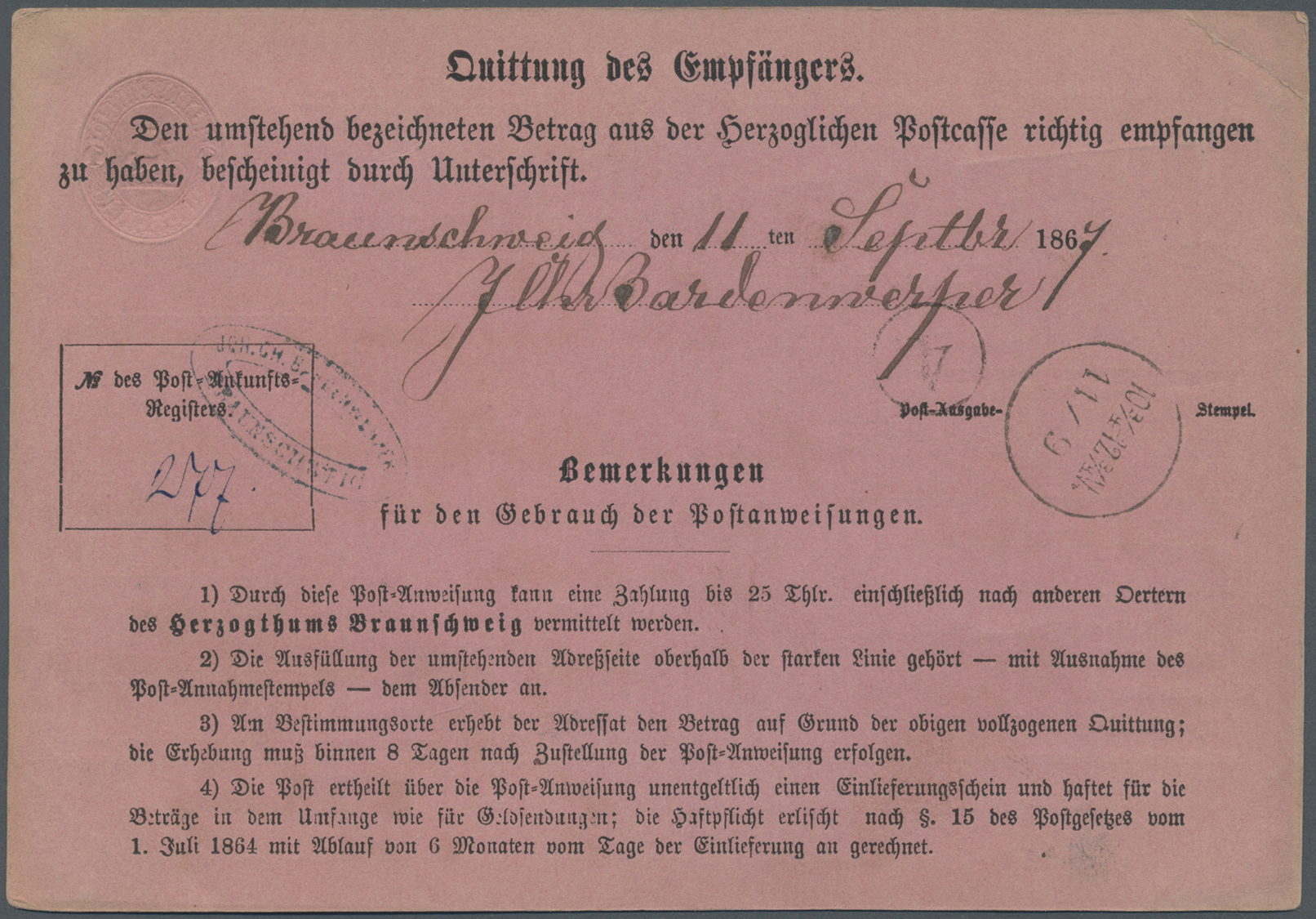 GA Braunschweig - Ganzsachen: 1867, 1 Groschen Postanweisung Mit Bildgleicher 1 Groschen Zusatzfrankatu - Brunswick