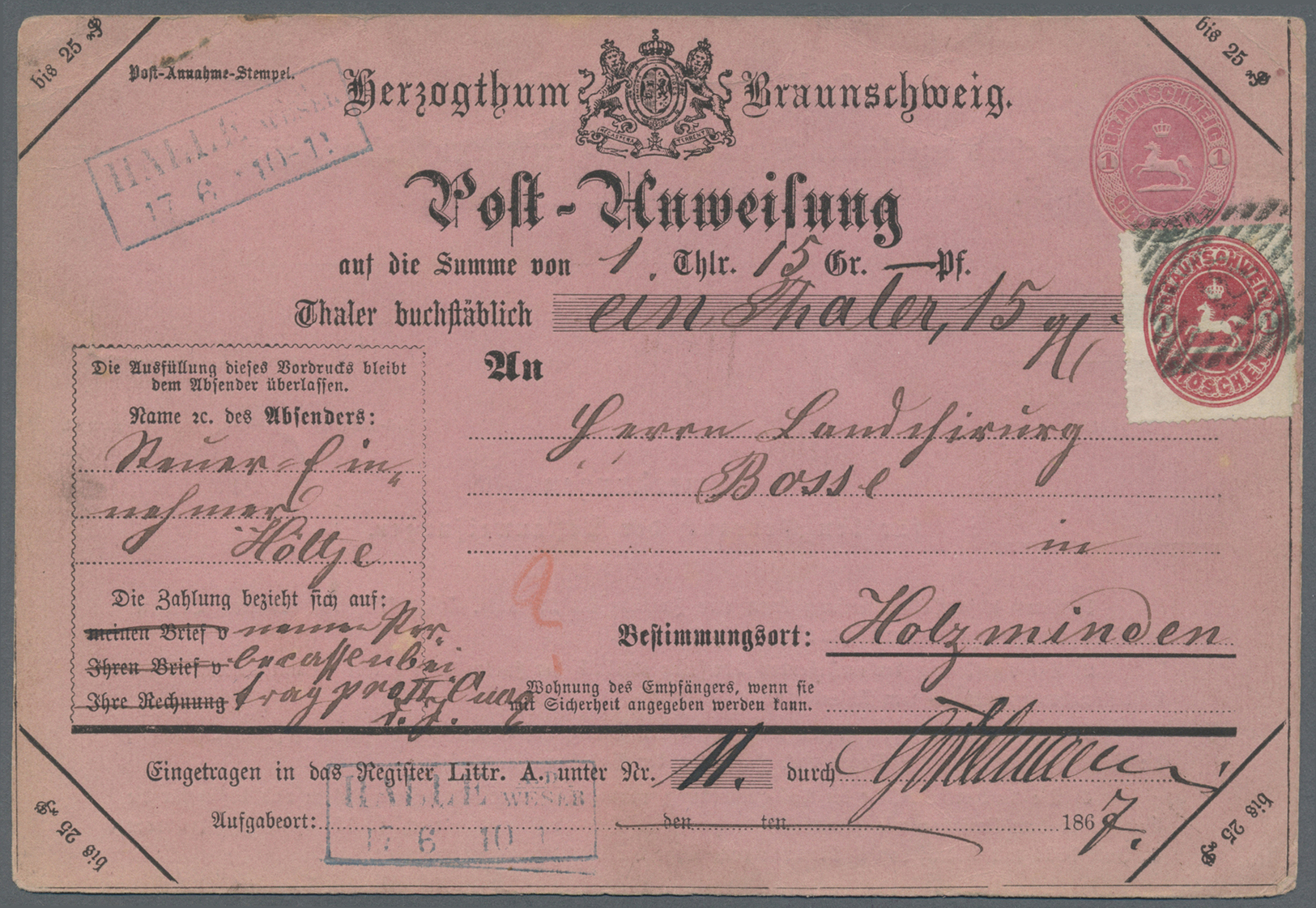 GA Braunschweig - Ganzsachen: 1865, Postanweisung 1 Gr. Karmin Mit Zusatzfrankatur Ovalausgabe 1 Gr. (E - Braunschweig
