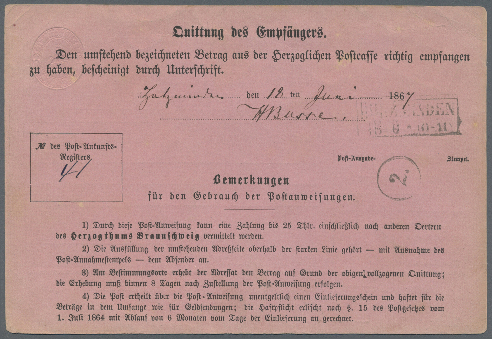 GA Braunschweig - Ganzsachen: 1865, Postanweisung 1 Gr. Karmin Mit Zusatzfrankatur Ovalausgabe 1 Gr. (E - Brunswick