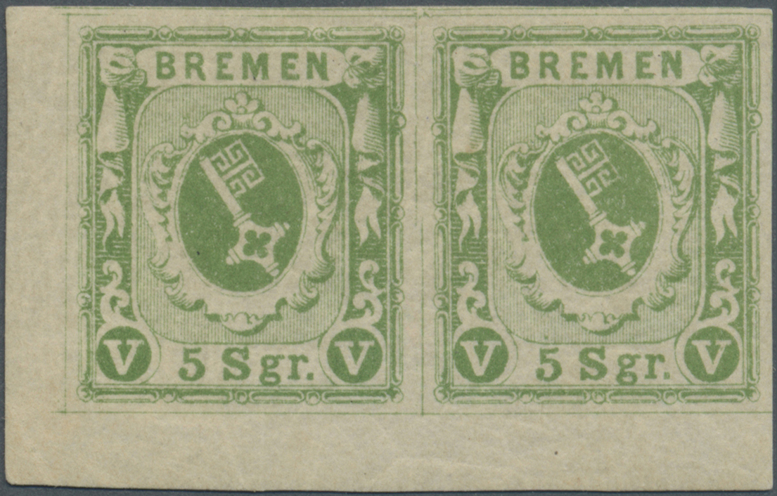 * Bremen - Marken Und Briefe: 1859, 5 Silbergroschen Dunkelolivgrün, Geschnittenes Waagerechtes Paar I - Bremen