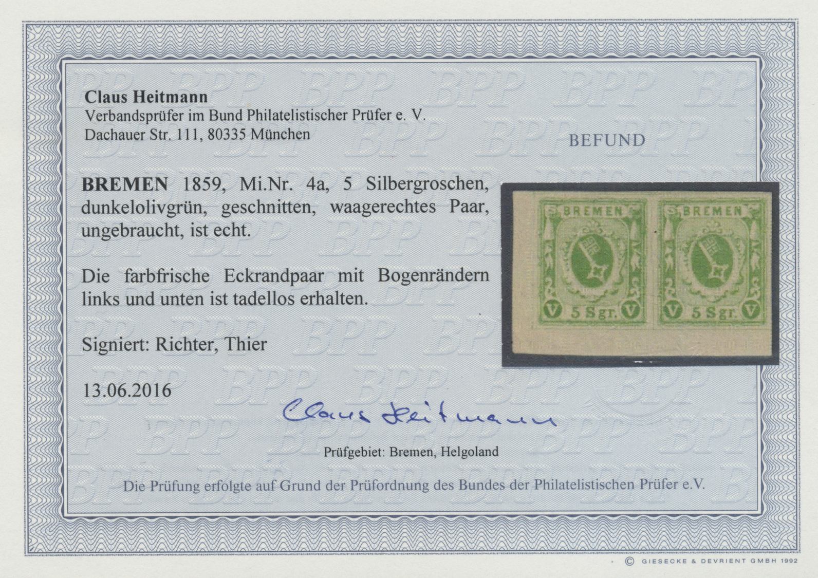 * Bremen - Marken Und Briefe: 1859, 5 Silbergroschen Dunkelolivgrün, Geschnittenes Waagerechtes Paar I - Bremen