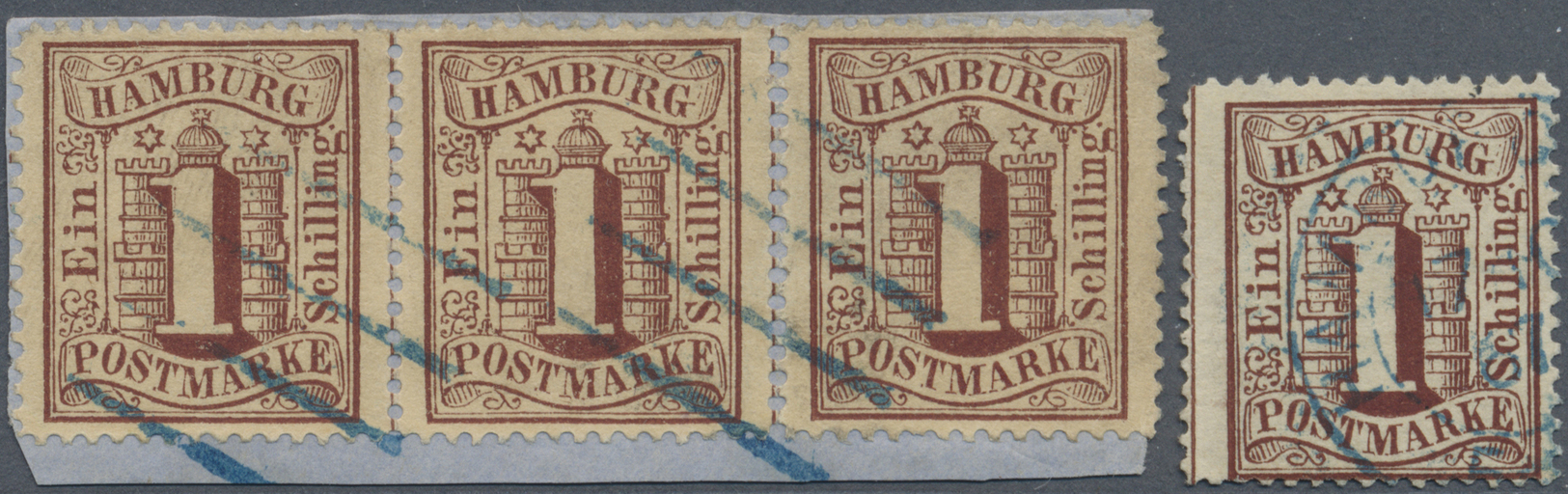 O/Brfst/Br Hamburg - Marken Und Briefe: 1864, 1 Schilling, Rotbraun, Dito Waag. Dreistreifen Auf Briefstück Und - Hamburg