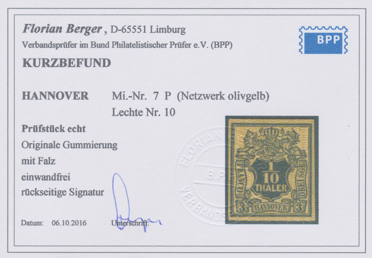 * Hannover - Marken Und Briefe: 1855, Probedruck 1/10 Thaler Mit Engmaschigem Olivgelbem Netzwerk, Ung - Hanover