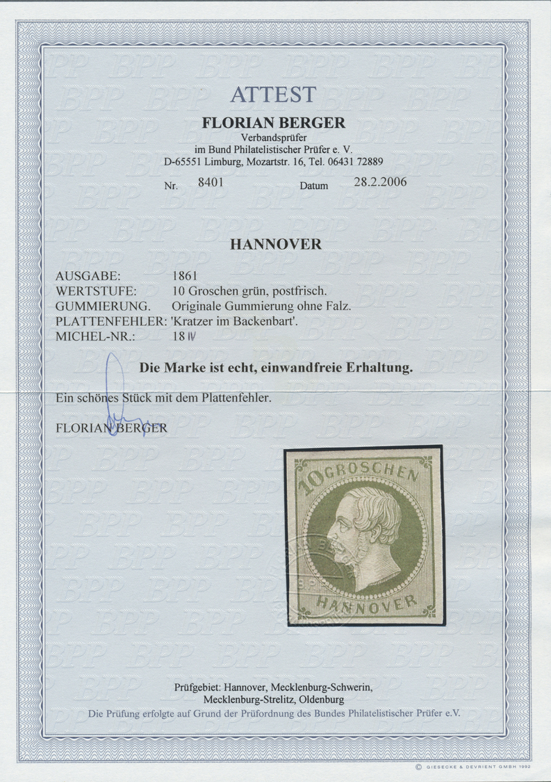 ** Hannover - Marken Und Briefe: 1861, 10 Gr. Dunkelgrünlicholiv, Plattenfehler IV "Kratzer", Allseits - Hanover