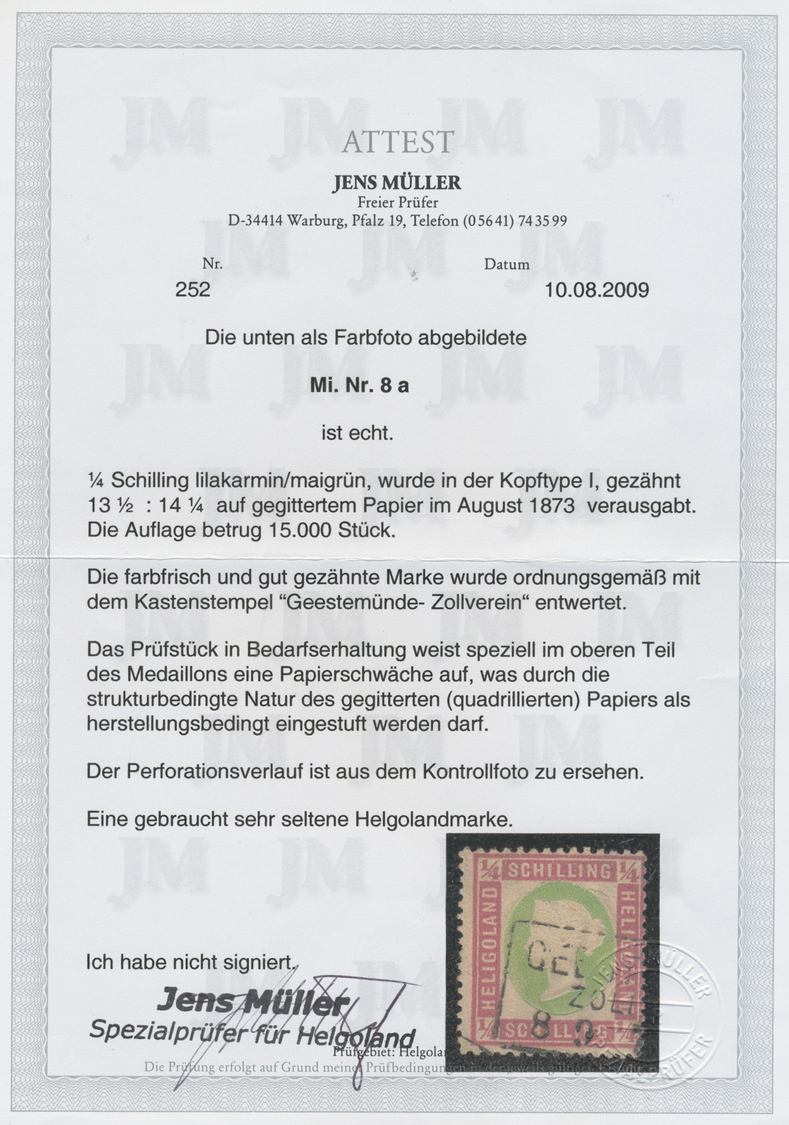 O Helgoland - Marken Und Briefe: 1873, Köngin Viktoria ¼ S Dunkelrotkarmin/gelblichgrün Mit Ra3 "GEEST - Heligoland