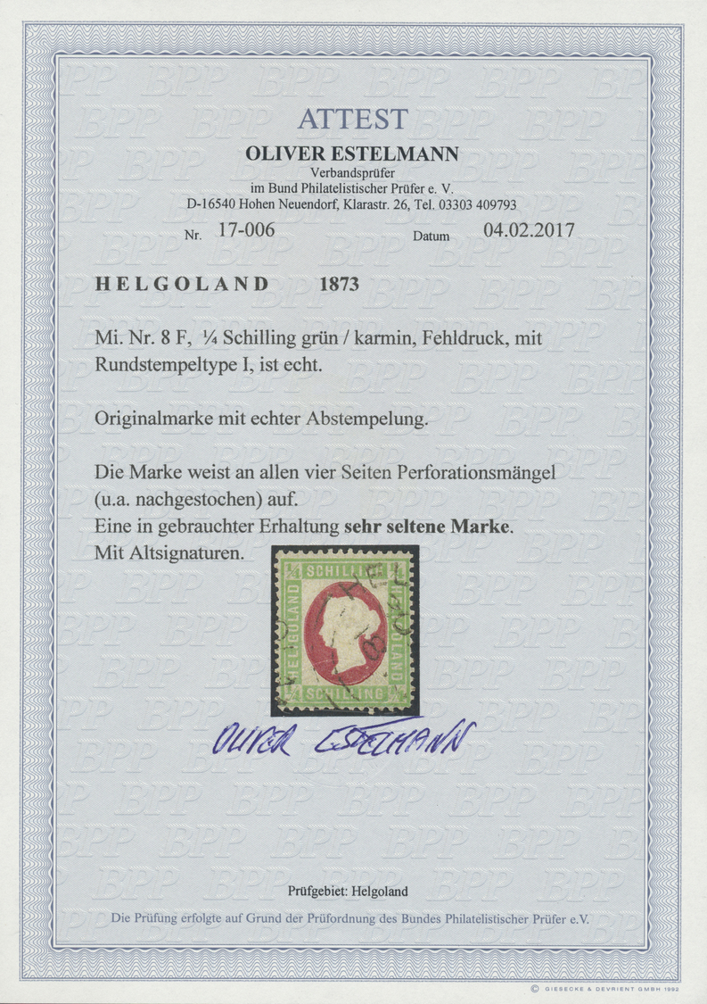 O Helgoland - Marken Und Briefe: 1873, Fehldruck ¼ S Grün/karmin (vertauschte Farben Bei Rahmen Und Ko - Heligoland