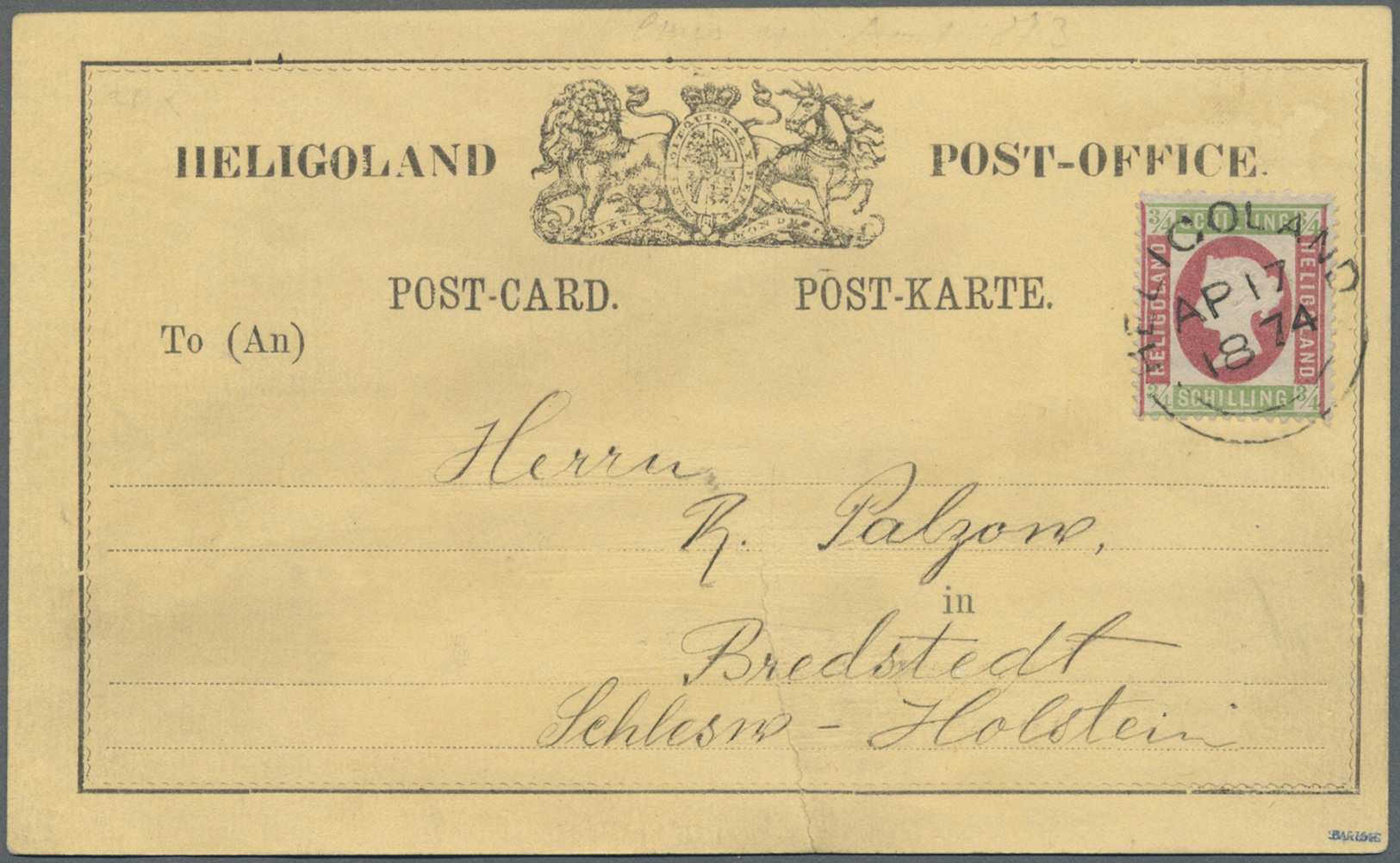 Br Helgoland - Marken Und Briefe: 1873, Königin Viktoria 3/4 S Hellgrün/rosa Auf Vorläufer-Postkarte Ge - Héligoland