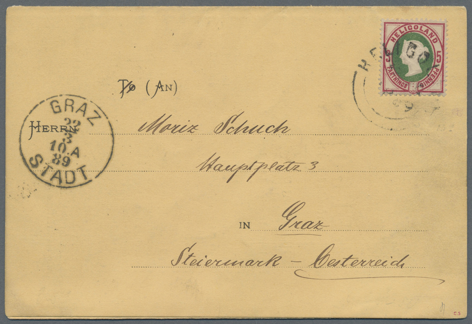 Br Helgoland - Marken Und Briefe: 1889, 3 F./5 Pfg. Freimarke Lilakarmin/grün Als Portogerechte Einzelf - Héligoland