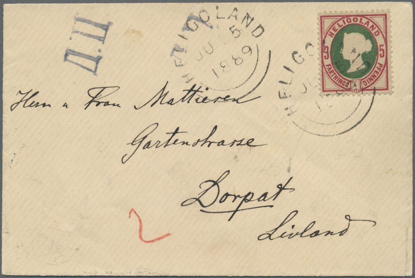 Br Helgoland - Marken Und Briefe: 1875, Königin Viktoria 3 F/5Pf. Lilakarmin/grün Auf Drucksachen-Couve - Héligoland