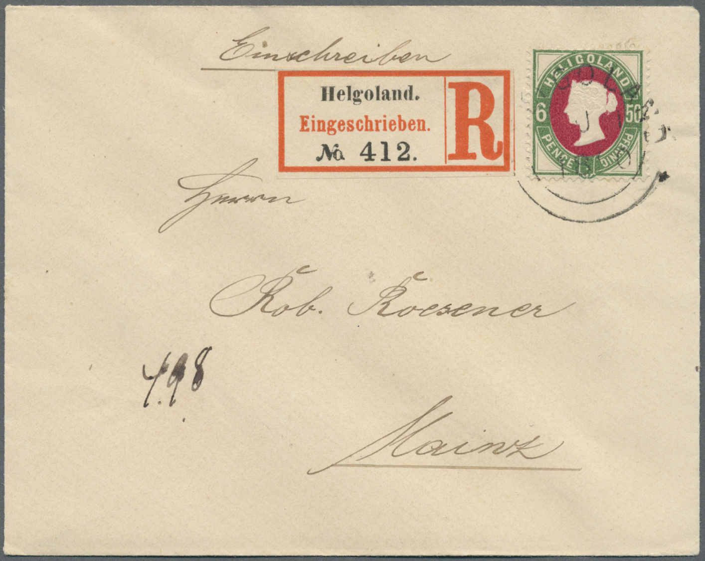 Br Helgoland - Marken Und Briefe: 1875, 6 P/50 Pf. Grün/dunkelkarmin (UV Rot) Auf Einschreiben Von "HEL - Héligoland