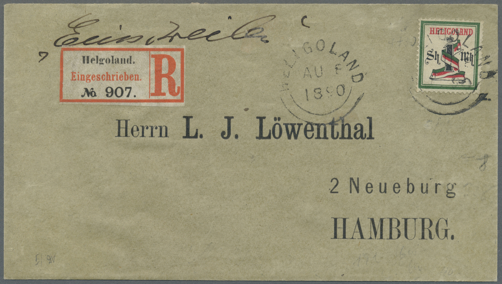 Br Helgoland - Marken Und Briefe: 1879, 1 Sh./1 Mark Dunkelgrün/schwarz/karmin Auf Einschreiben Mit R-Z - Heligoland