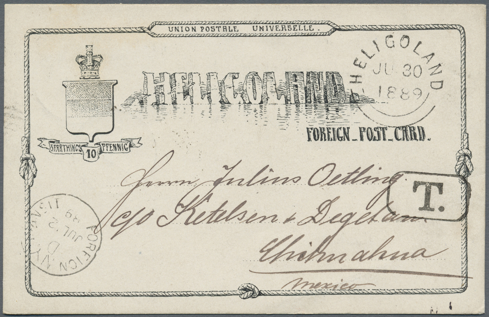 GA Helgoland - Ganzsachen: 1889, 5 Farthings / 10 Pfennig Ganzsachenkarte Von "HELIGOLAND JU 30 1889" N - Héligoland