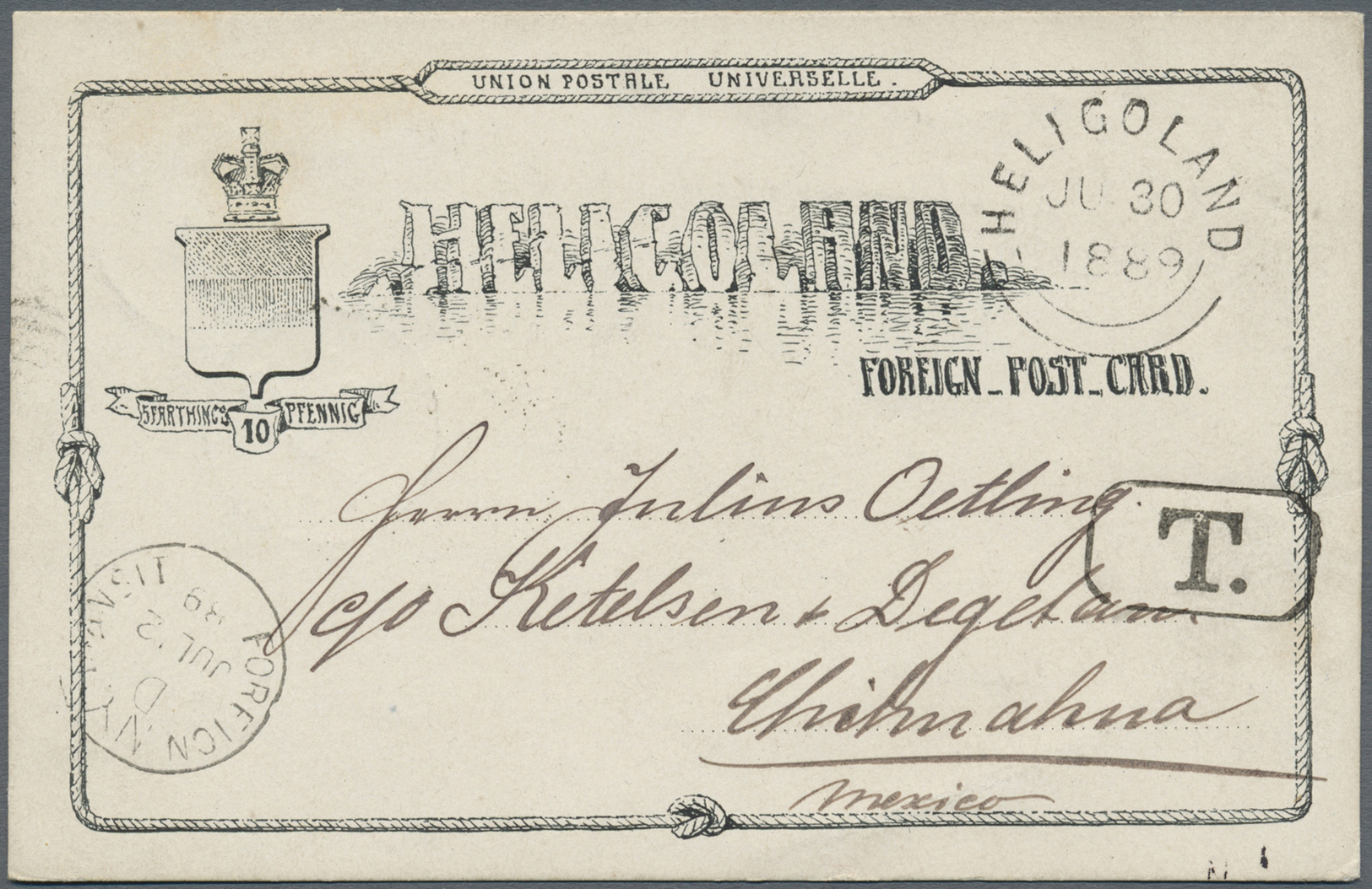 GA Helgoland - Ganzsachen: 1889, 5 Farthings / 10 Pfennig Ganzsachenkarte Von "HELIGOLAND JU 30 1889" N - Heligoland