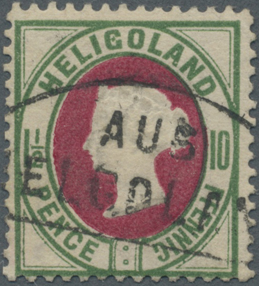 O Helgoland - Stempel: "AUS HELGOLAND" Segmentstempel Auf 10 Pf./ 1 ½ P. Dunkelgrün/lilakarmin, Farbfr - Héligoland