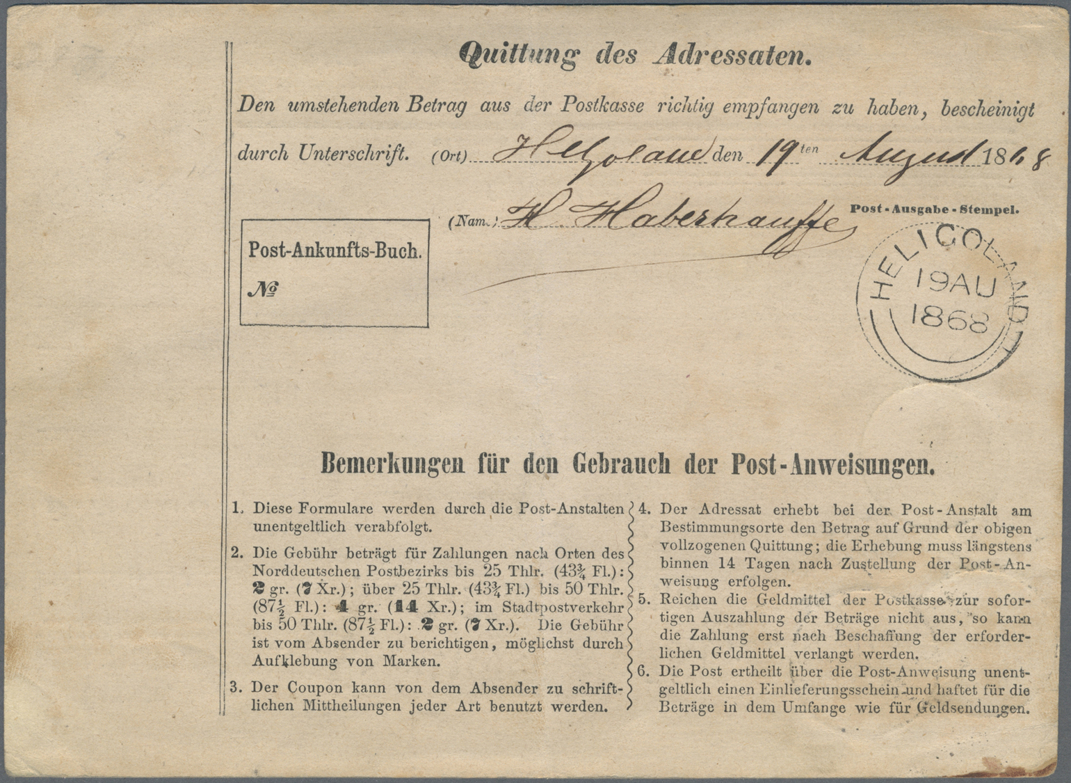 Br Helgoland - Besonderheiten: 1868, Incoming Mail: Norddeutscher Postbezirk Post-Anweisung Frankiert M - Heligoland