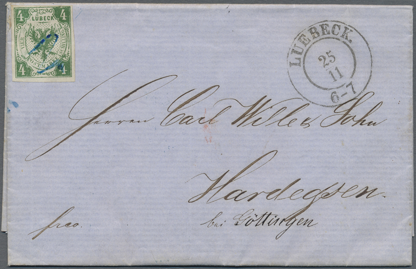 Br Lübeck - Marken Und Briefe: 1860, 4 Schilling Dunkelgrün, Farbfrisch, Allseits Breitrandig Auf Faltb - Luebeck
