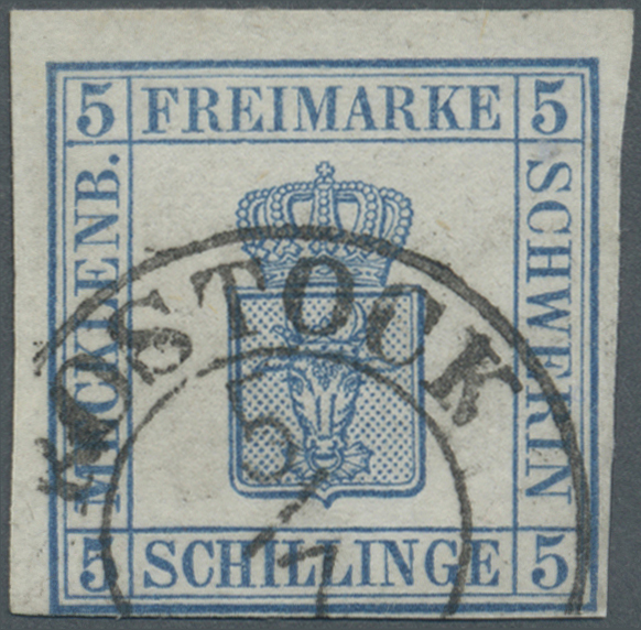 O Mecklenburg-Schwerin - Marken Und Briefe: 1856, 5 Schillinge Blau Luxusmarke Mit Links Und Oben Brei - Mecklenbourg-Schwerin