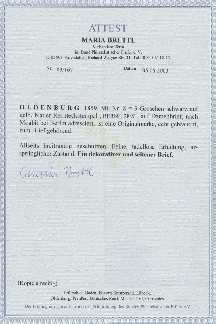 Br Oldenburg - Marken Und Briefe: 1859, 3 Groschen Schwarz Auf Gelb, Allseits Breitrandig Auf Damenbrie - Oldenbourg