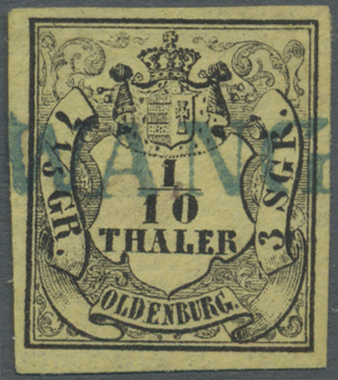 O Oldenburg - Stempel: 1852, 1/10 Th. Schwarz Auf Hellgraugelb, Sehr Breitrandiges Luxusstück In Frisc - Oldenburg