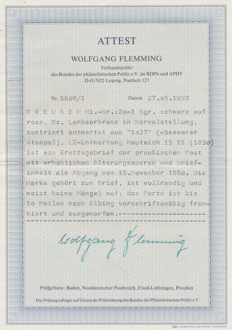Br Preußen - Marken Und Briefe: 1850, ERSTTAGSBRIEF Mit 1 Sgr. Schwarz Auf Lilarosa Von "NEUTEICH 15 11 - Andere & Zonder Classificatie