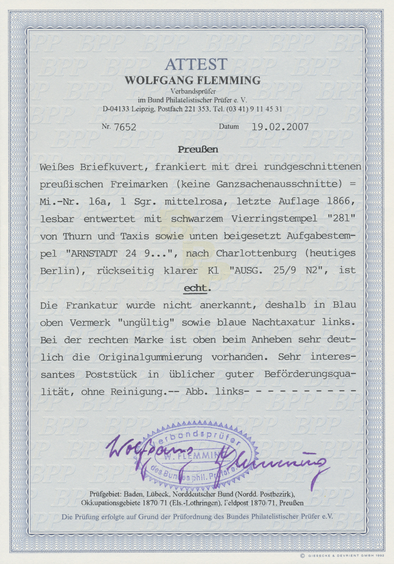 Br Preußen - Marken Und Briefe: 1866, 3x 1 Sgr. Wappen (jeweils Rund Geschnittene Marken!) Mit Nummern- - Andere & Zonder Classificatie