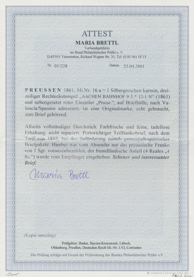 Br Preußen - Marken Und Briefe: 1863, 1 Silbergr. Karmin, Am 9.3. Auf Brief Von Aachen Nach Valencia/Sp - Andere & Zonder Classificatie
