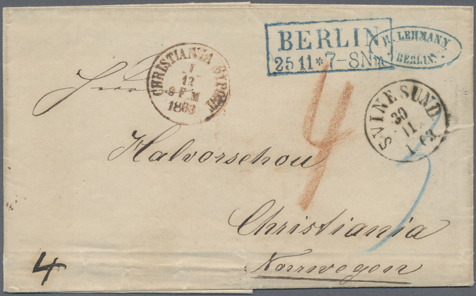 Br Preußen - Marken Und Briefe: 1863, R2 "BERLIN/ 25 11 * 7-8Nm" Via Hamburg Nach Christiania, Norwegen - Autres & Non Classés