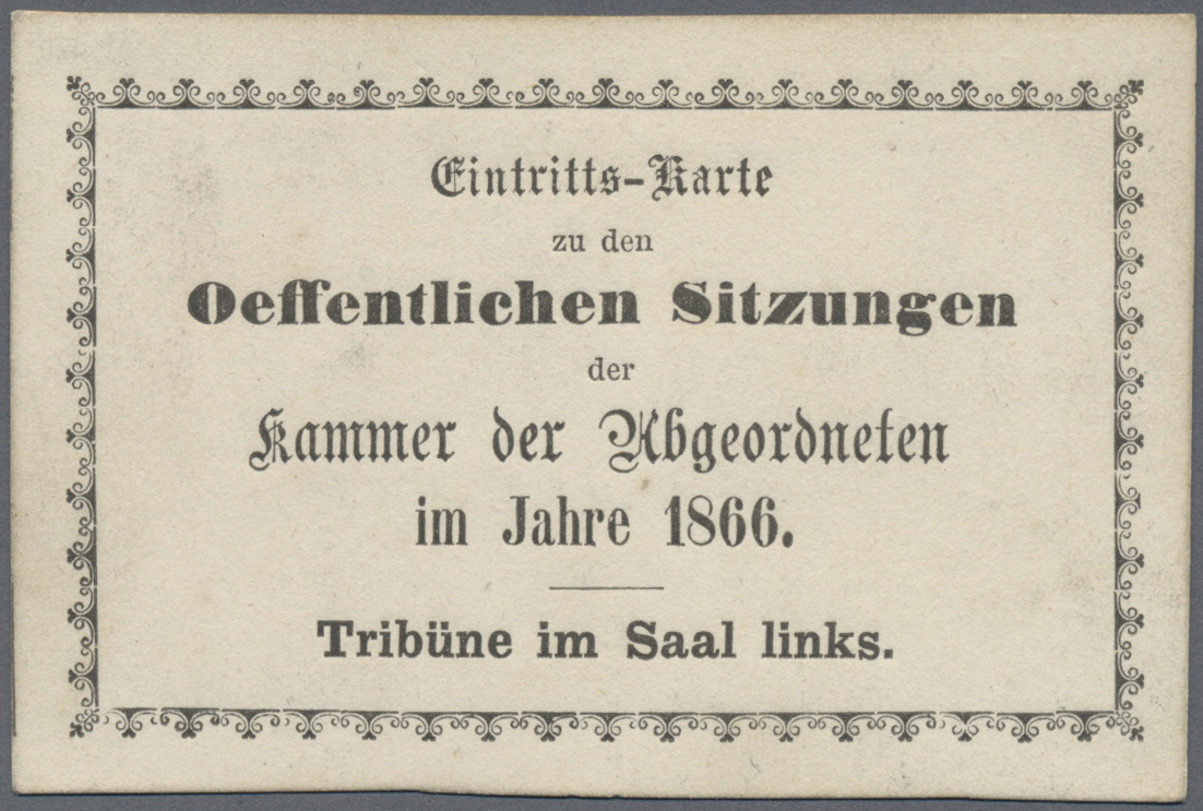 Preußen - Besonderheiten: 1866, Eintrittskarte Zu Den öffentlichen Sitzungen Der Kammer Der Abgeordn - Autres & Non Classés
