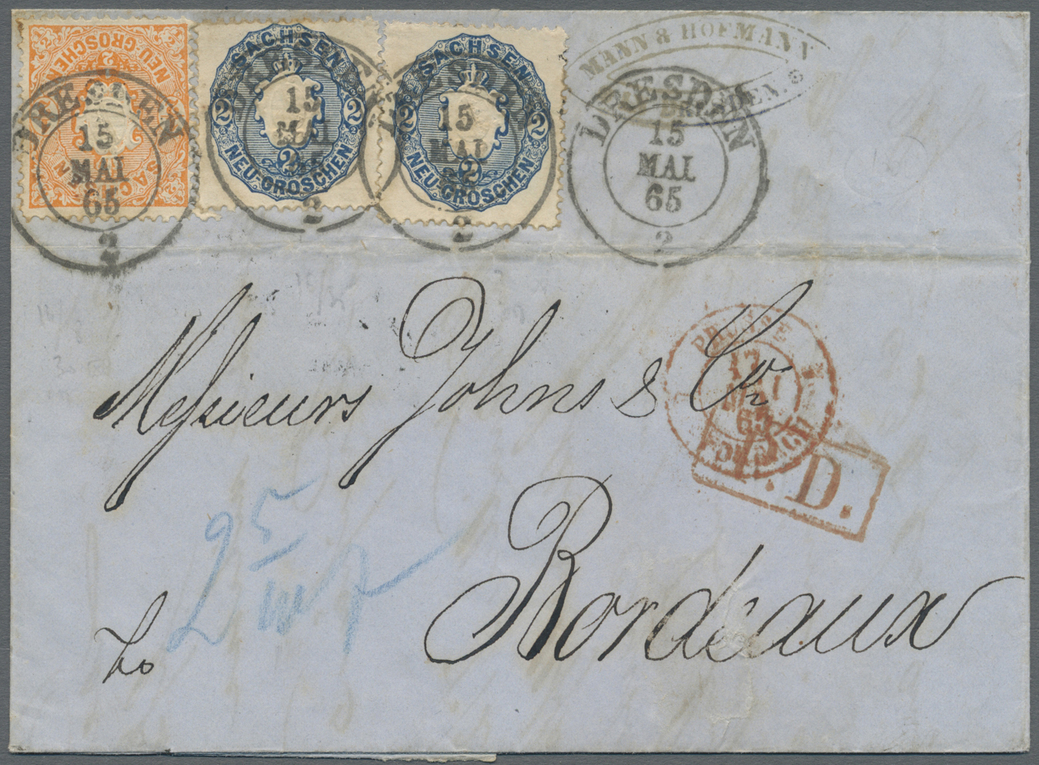 Br Sachsen - Marken Und Briefe: 1865. 2 Neugroschen Blau (2x)  Und 1/2 Neugroschen Orange, Jeweils über - Saxe
