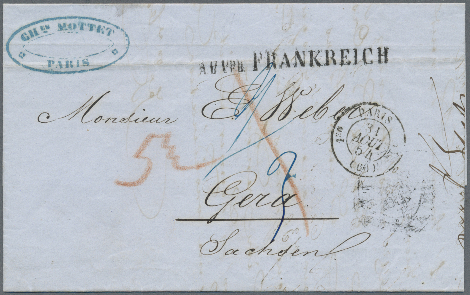 Br Sachsen - Besonderheiten: 1854, Incoming Mail, Faltbrief Aus Paris Mit Transitstempel "A.U.UEB. FRAN - Saxe