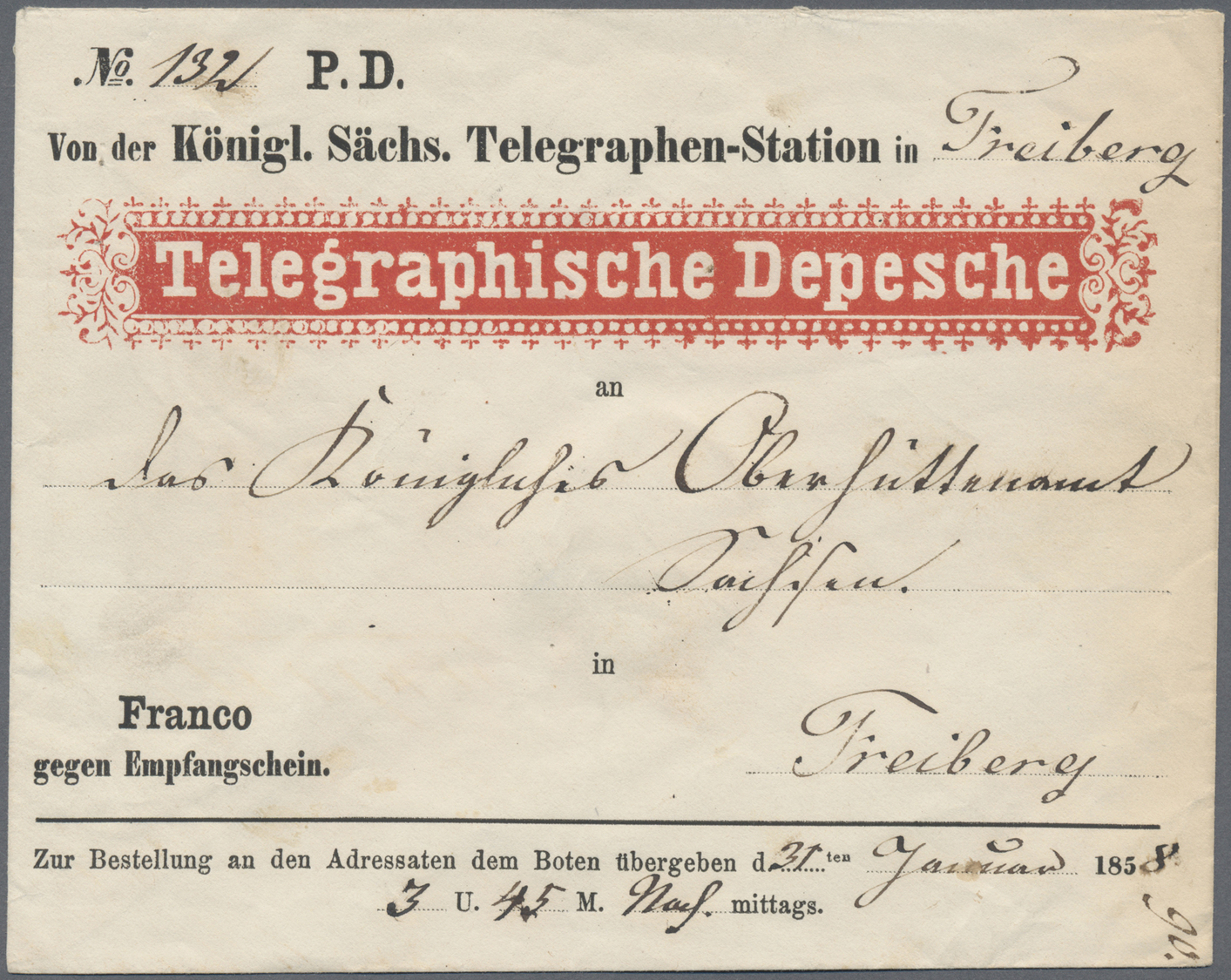 Br Sachsen - Besonderheiten: 1858, "TELEGRAMM"-Vordruckumschlag Mit Vermerk "Franco Gegen Empfangsschei - Saxony