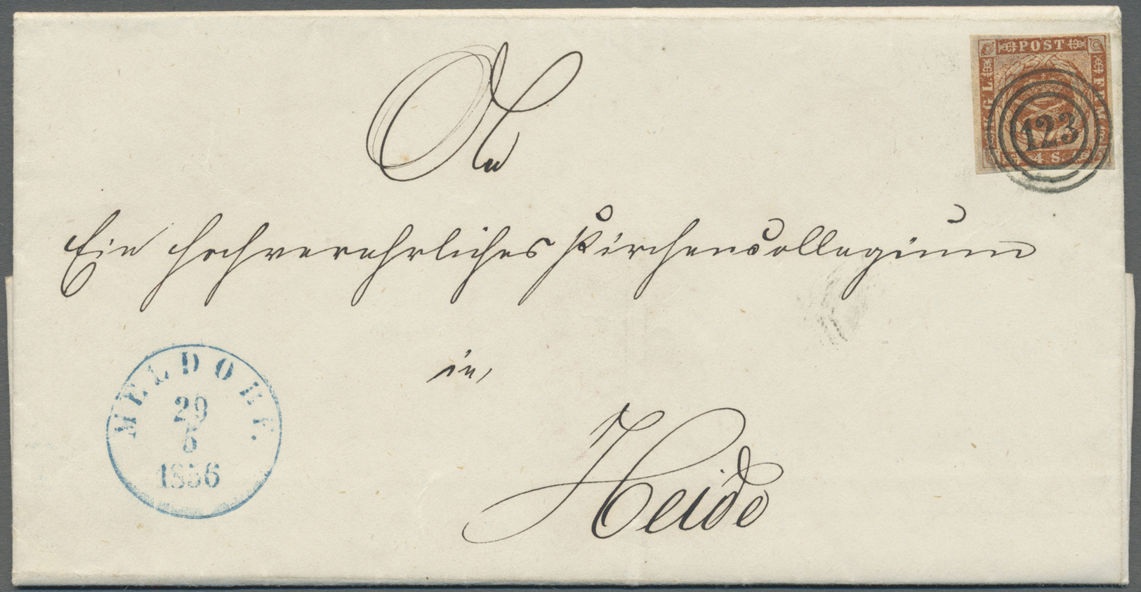 Br Schleswig-Holstein - Ortsstempel: MELDORF 29/5 1856, BLAUER K1 Ideal Auf Briefhülle Frankiert Mit Dä - Autres & Non Classés