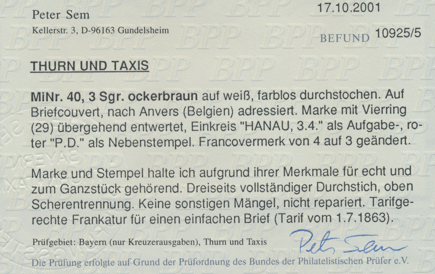 Br Thurn & Taxis - Marken Und Briefe: 3 Sgr Ockerbraun, Auf Brief Aus Hanau Nach Anvers (Belgien), Mark - Andere & Zonder Classificatie