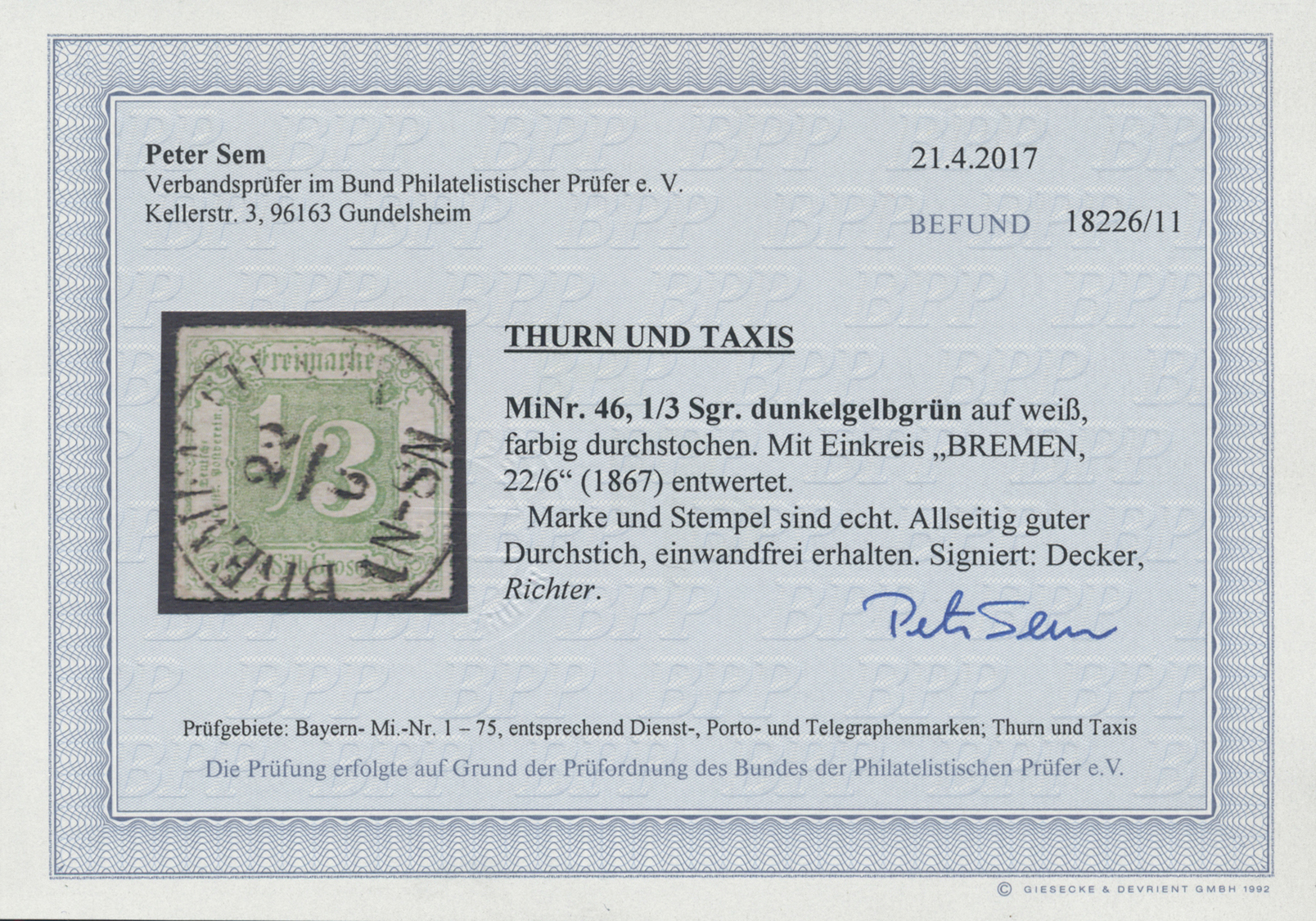 O Thurn & Taxis - Marken Und Briefe: 1866, 1/3 Sgr. Grün Mit Zentrischem Farbigem Durchstich Und K1 "B - Andere & Zonder Classificatie
