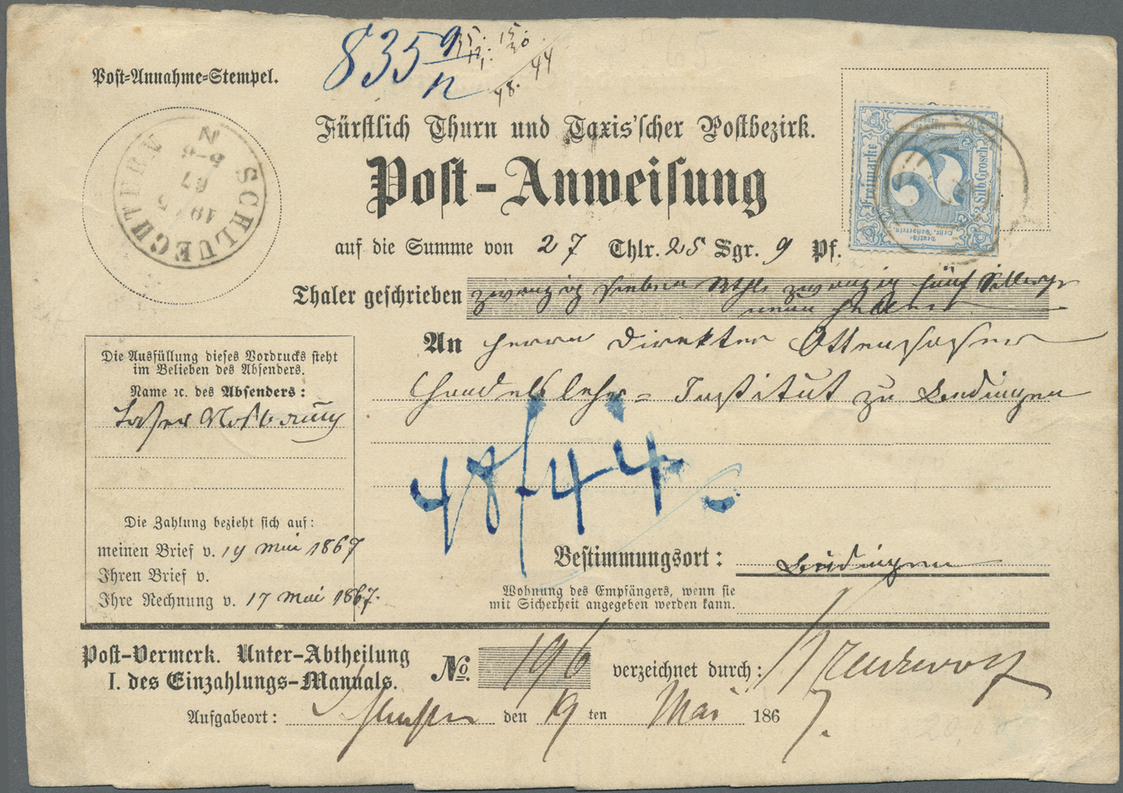 Br Thurn & Taxis - Marken Und Briefe: 1866, POSTANWEISUNG Mit 2 Silbergroschen Blau, Farbiger Durchstic - Andere & Zonder Classificatie