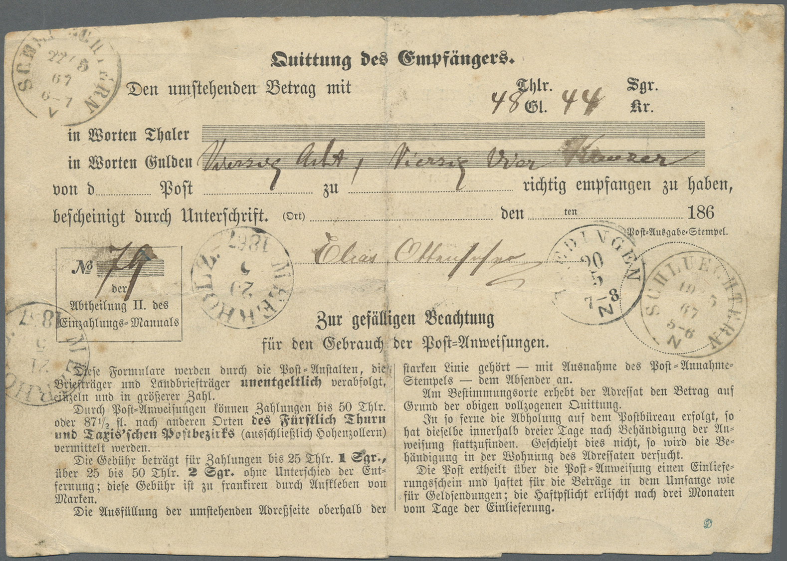 Br Thurn & Taxis - Marken Und Briefe: 1866, POSTANWEISUNG Mit 2 Silbergroschen Blau, Farbiger Durchstic - Andere & Zonder Classificatie