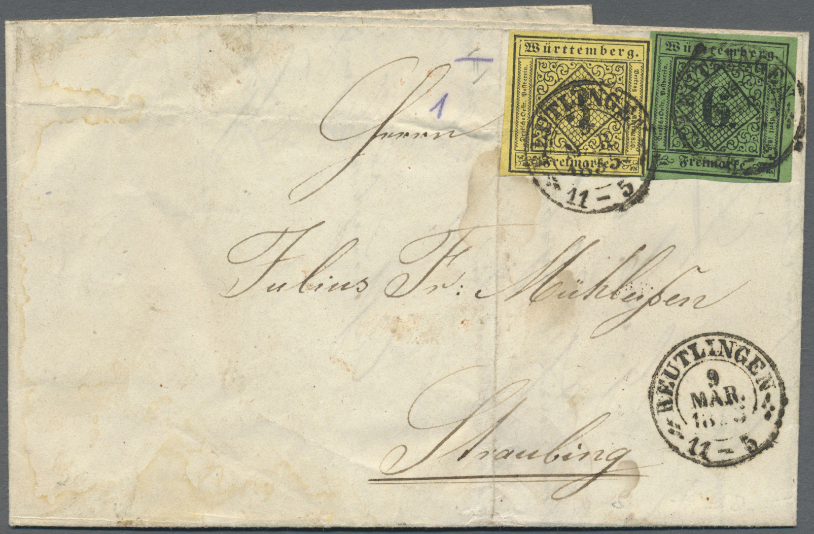 Br Württemberg - Marken Und Briefe: 1851, 3 Kr. Auf Gelb, Type V Und 6 Kr. Auf Blaugrün, Type III Zusam - Autres & Non Classés