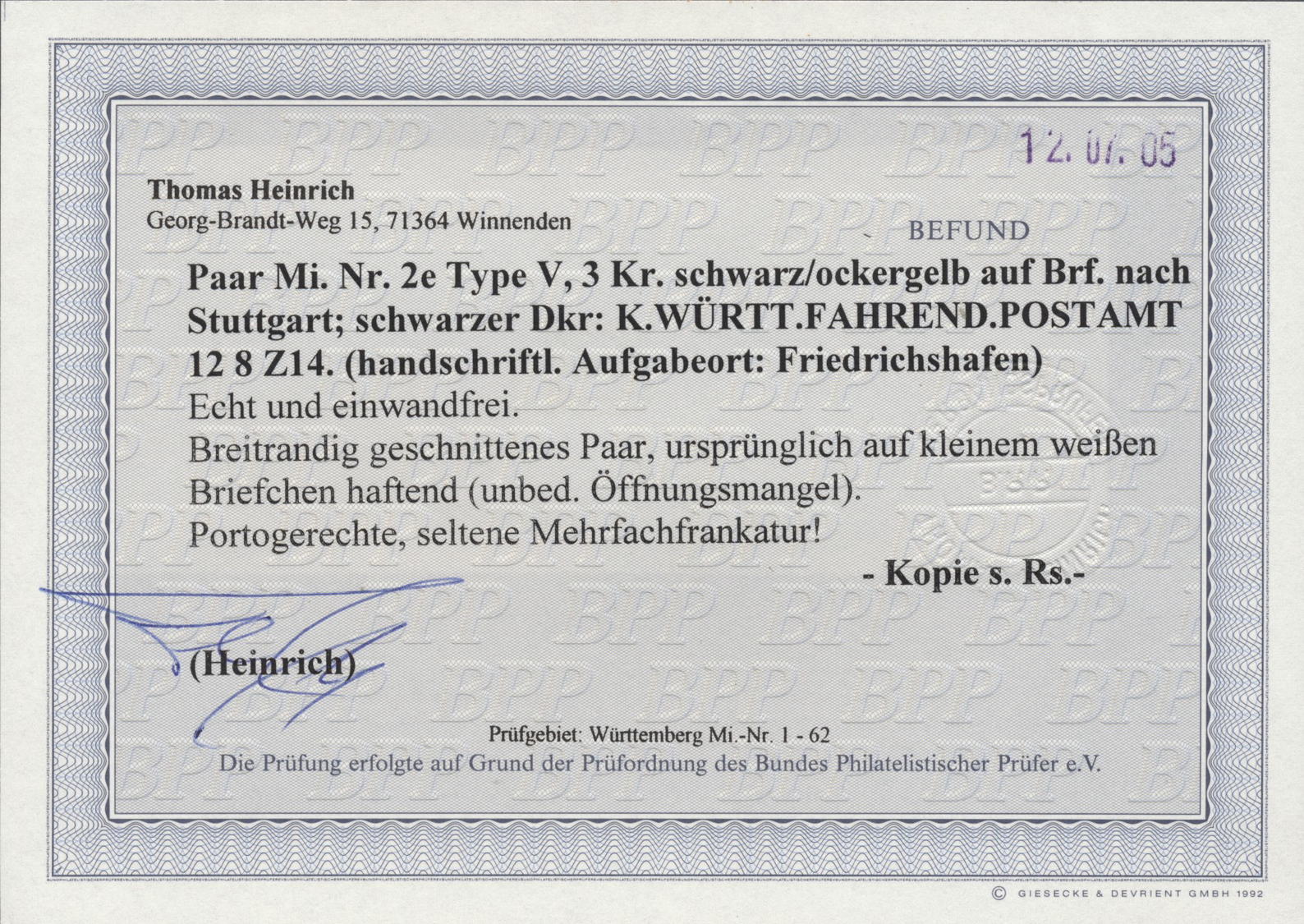 Br Württemberg - Marken Und Briefe: 1851: 3 Kr. Schwarz/lebhaftolivgelb, Type V, Seltene Farbe, Sehr Br - Andere & Zonder Classificatie