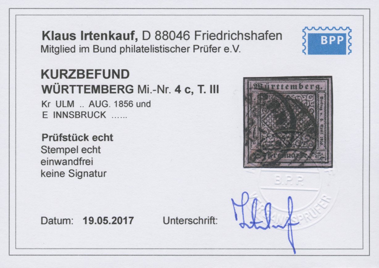 O Württemberg - Marken Und Briefe: 1851, 9 Kr. Schwarz Auf Hellilarosa (lebhaftrosa), Beste Farbe, Typ - Andere & Zonder Classificatie