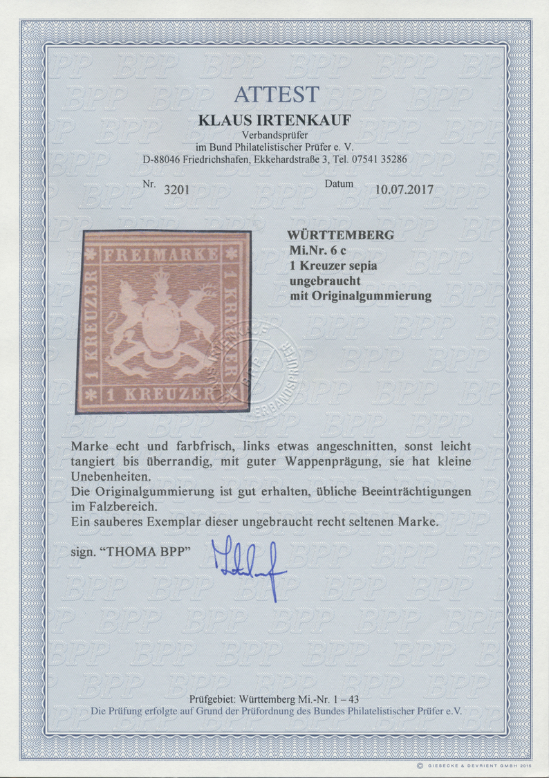 * Württemberg - Marken Und Briefe: 1857, Wappen 1 Kr. Dunkelbraunocker (sephia, Graustichig) Mit Seide - Other & Unclassified