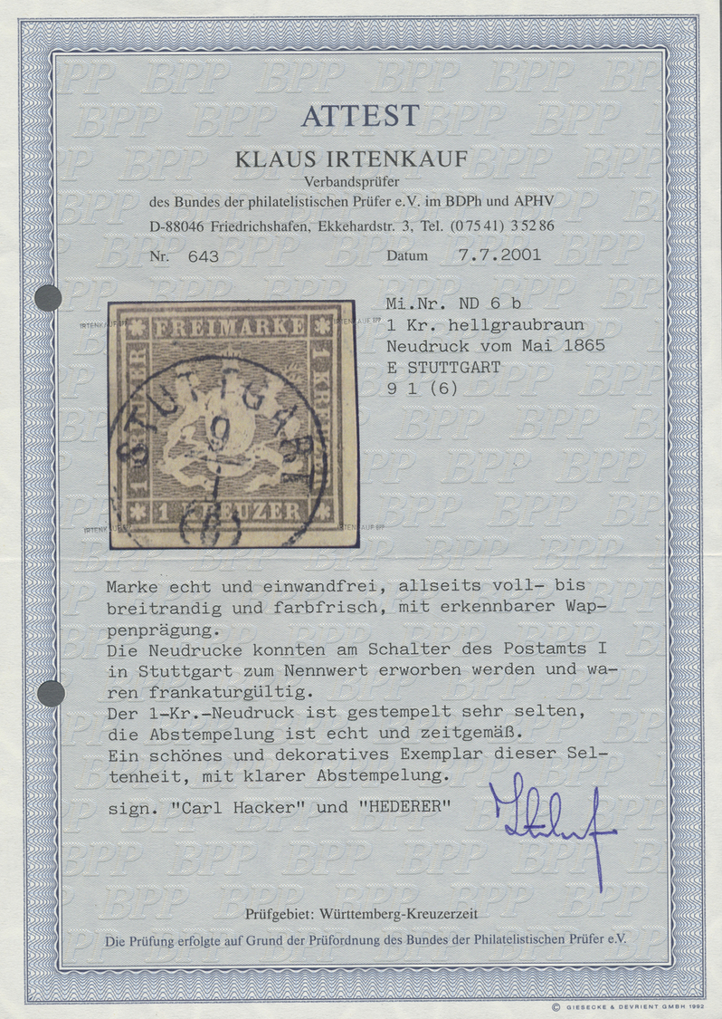 O Württemberg - Marken Und Briefe: 1865: 1 Kr. Hellgraubraun Mit Rotem Bayrischen Seidenfaden, Amtlich - Andere & Zonder Classificatie