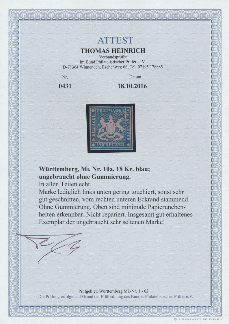 (*) Württemberg - Marken Und Briefe: 1857, 18 Kr. Hellblau Mit Seidenfaden, Ungebraucht Ohne Gummi, Sehr - Autres & Non Classés