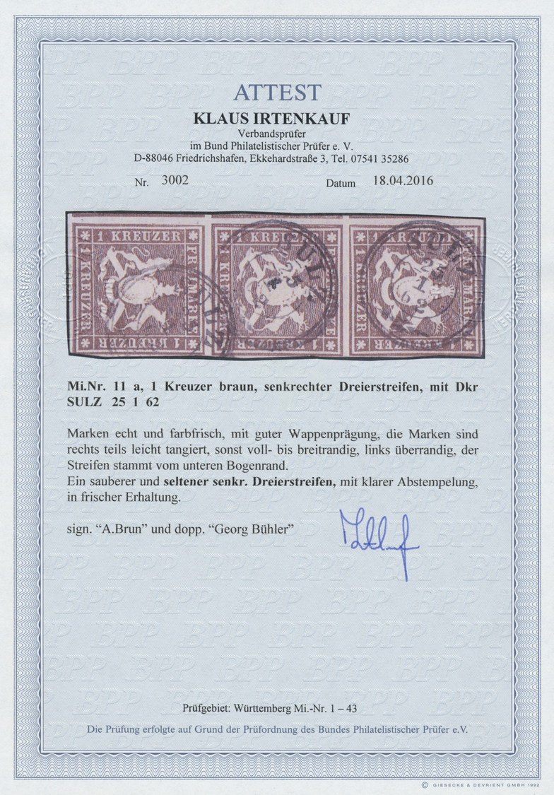 O Württemberg - Marken Und Briefe: 1859, Freimarken 1 Kr Braun Ohne Seidenfaden Im Senkrechten Dreiers - Andere & Zonder Classificatie