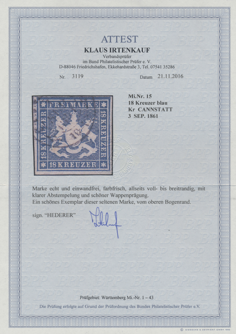 O Württemberg - Marken Und Briefe: 1860, Freimarke 18 Kreuzer Blau, Klare Abstempelung Und Schöne Wapp - Andere & Zonder Classificatie