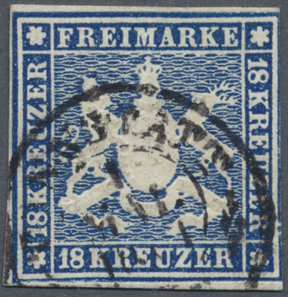 O Württemberg - Marken Und Briefe: 1859, Wappenausgabe 18 Kr. Dunkelblau Ohne Seidenfaden, Rechts Entl - Andere & Zonder Classificatie