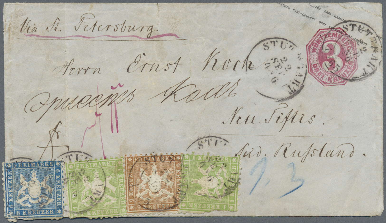 GA Württemberg - Marken Und Briefe: 1865, GA-Umschlag 3 Kr.+Zusatzfrankatur 1863, 2x1 Kr, 6 Kr Und 9 Kr - Autres & Non Classés