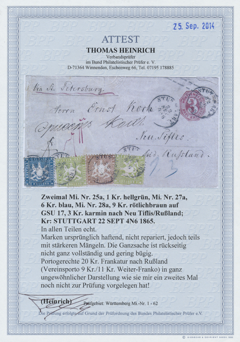 GA Württemberg - Marken Und Briefe: 1865, GA-Umschlag 3 Kr.+Zusatzfrankatur 1863, 2x1 Kr, 6 Kr Und 9 Kr - Autres & Non Classés